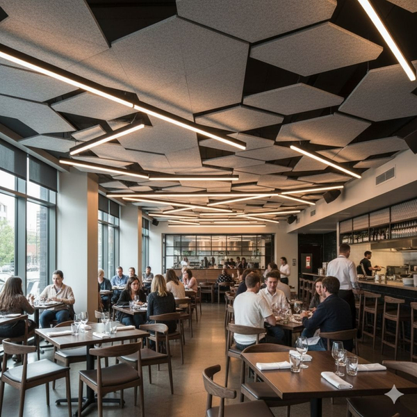 A contemporary restaurant interior featuring a suspended acoustic panel ceiling with a unique, geometric texture. 