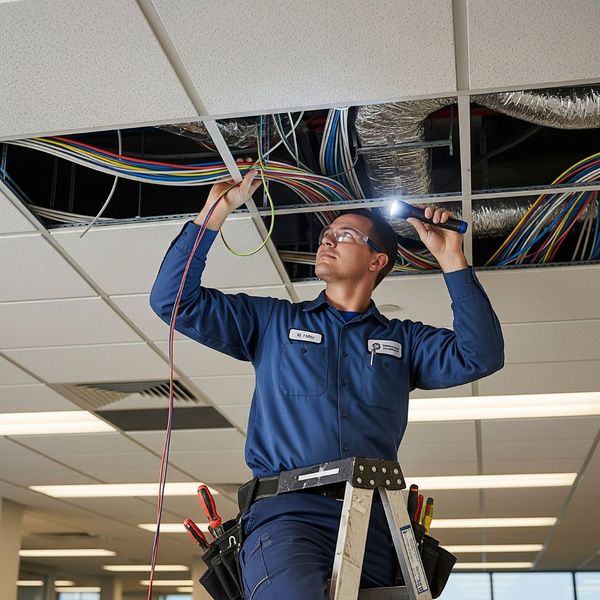 A maintenance worker easily accessing wiring above a T-bar ceiling. A maintenance worker easily accessing wiring above a T-bar ceiling.