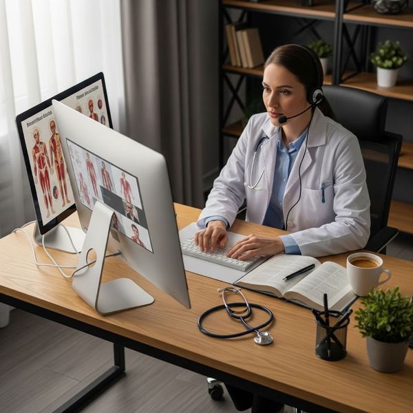 A medical professional working at a computer in a modern, uncluttered office. A medical professional working at a computer in a modern, uncluttered office.