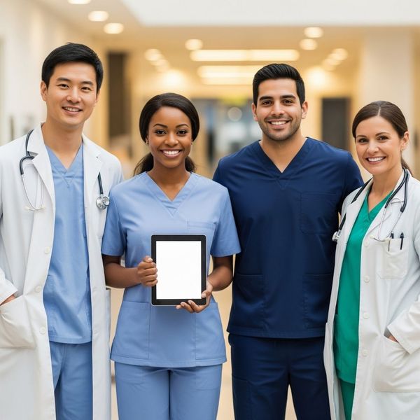 A diverse team of happy healthcare professionals stand together, with one person holding a tablet, showing a unified and efficient practice. The Growing Need for Medical Virtual Assistants 4.jpg