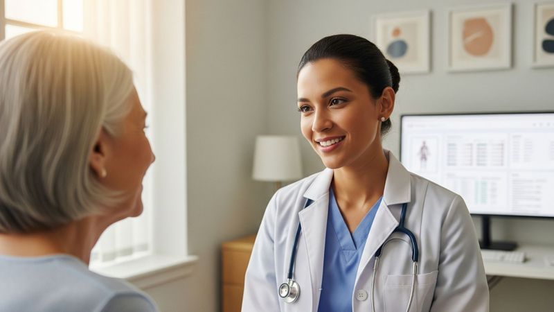 A doctor smiles while talking with a patient in a clinic, with a computer screen showing electronic health records in the background.