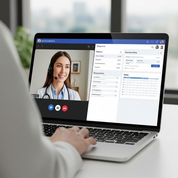 A laptop screen displays a virtual video call and an electronic health record system, illustrating remote work. A laptop screen displays a virtual video call and an electronic health record system, illustrating remote work.