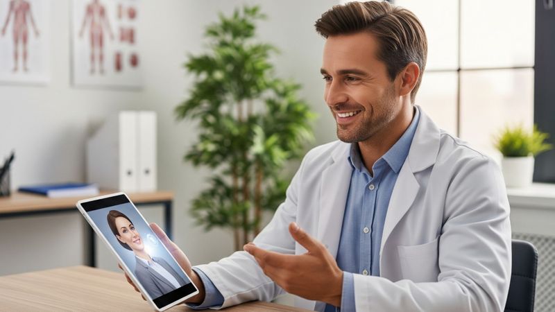 A doctor smiling while talking to a virtual assistant on a tablet.