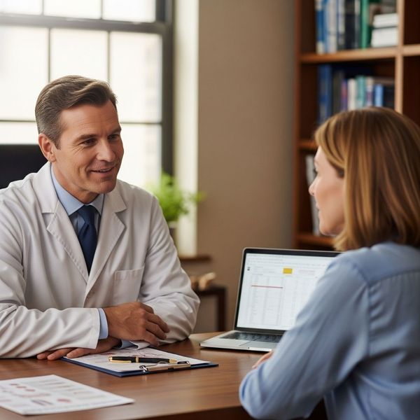A doctor is talking to a patient in an in-person consultation. A doctor is talking to a patient in an in-person consultation.