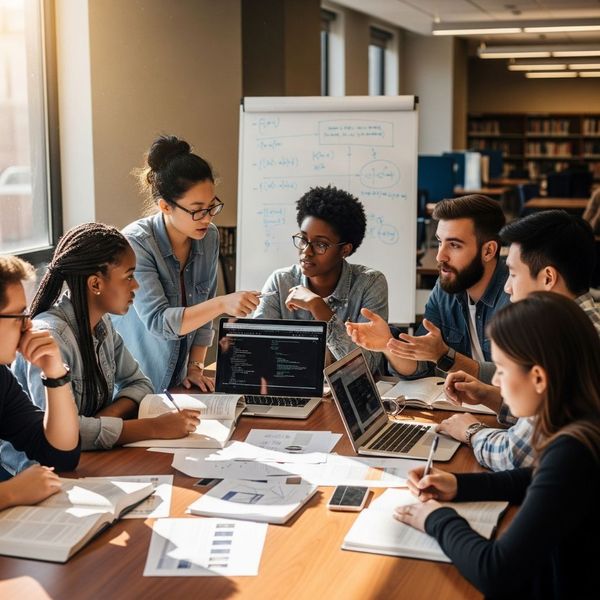A diverse group of medical students collaborating on a project. A diverse group of medical students collaborating on a project.