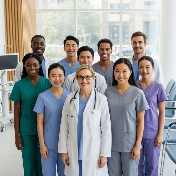 A diverse team of medical professionals smiling in a clinic. A diverse team of medical professionals smiling in a clinic.