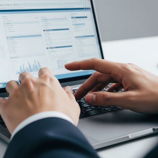 Hands quickly and efficiently typing on a laptop keyboard to complete medical charting. Hands quickly and efficiently typing on a laptop keyboard to complete medical charting.
