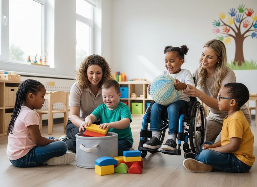 Children with disabilities and teachers playing with blocks and a ball in an inclusive classroom