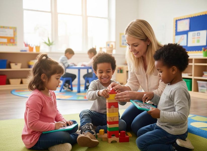 Diverse Children and Teacher Playing with Blocks in Classroom