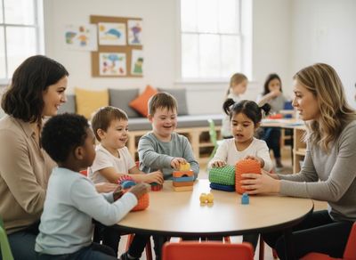 Smiling teachers and diverse preschoolers, one with Down syndrome, interact joyfully with colorful building blocks and textured toys around a table in a bright classroom. Diverse children and teachers playing with blocks in a classroom