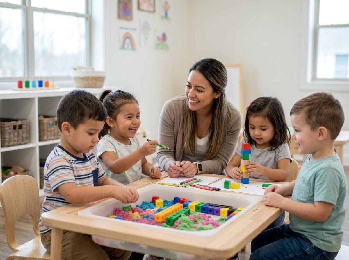 Diverse Preschoolers and Teacher Playing in Classroom