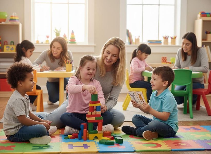 Inclusive Preschool Classroom with Children and Teachers