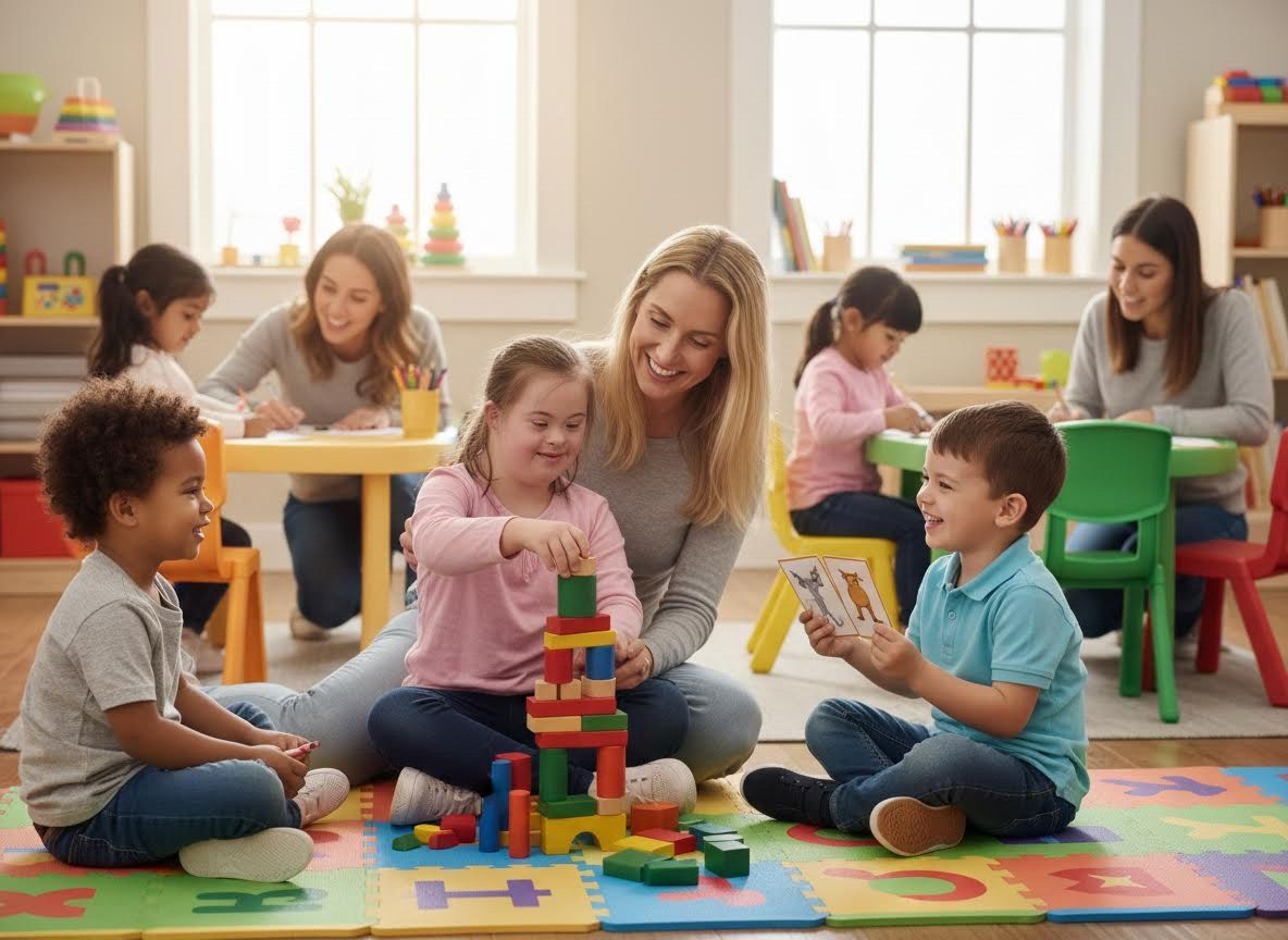 Inclusive Preschool Classroom with Children and Teachers