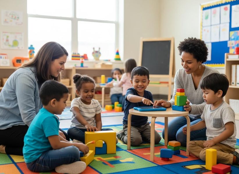 Children playing with teachers in a classroom