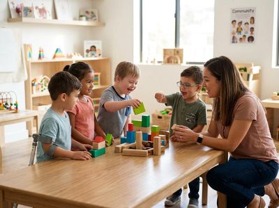 Diverse Children and Teacher Playing with Blocks