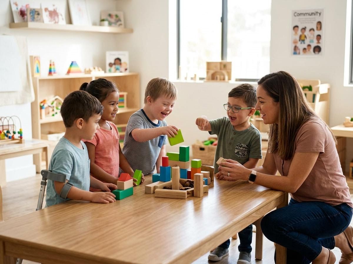 Diverse Children and Teacher Playing with Blocks