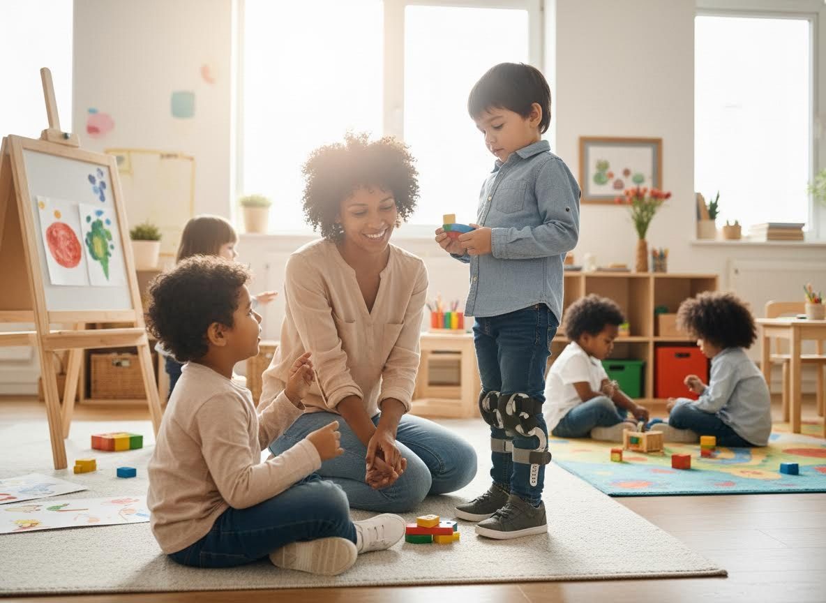 Teacher and Diverse Children Playing with Blocks