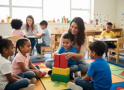 Preschoolers and Teacher Building Blocks