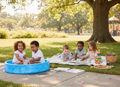Five happy children play in a sunny park: two splash in a blue pool, three read books and play with blocks on a picnic blanket. Group of Diverse Toddlers Playing Outdoors in a Park