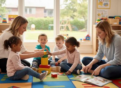 Preschool teachers and diverse toddlers playing with blocks and reading in a bright classroom