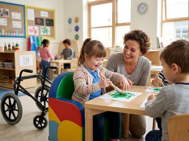 A happy girl with Down syndrome paints green with a smiling teacher in an inclusive classroom. Other kids play, and a walker is nearby. Joyful Inclusive Preschool Art Class