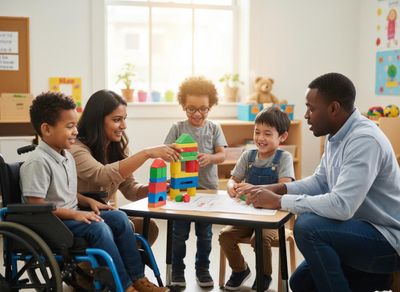 A diverse group of smiling children, including a boy in a wheelchair, and two adults play with colorful blocks at a table in a bright classroom. Diverse group of children and adults playing with colorful blocks