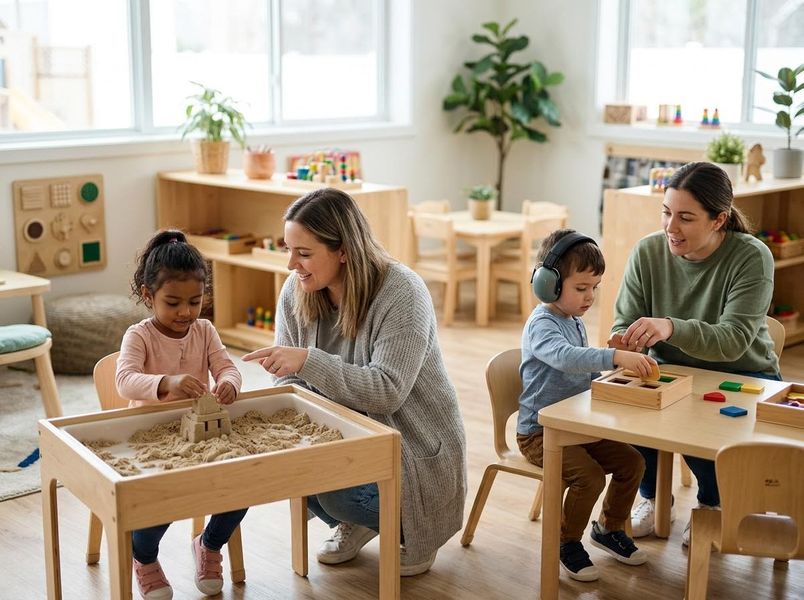 Two women (teachers) interact with two children in a bright classroom. A girl builds a sandcastle, and a boy with headphones plays with blocks. Teachers and Children Engaged in Classroom Play Activities