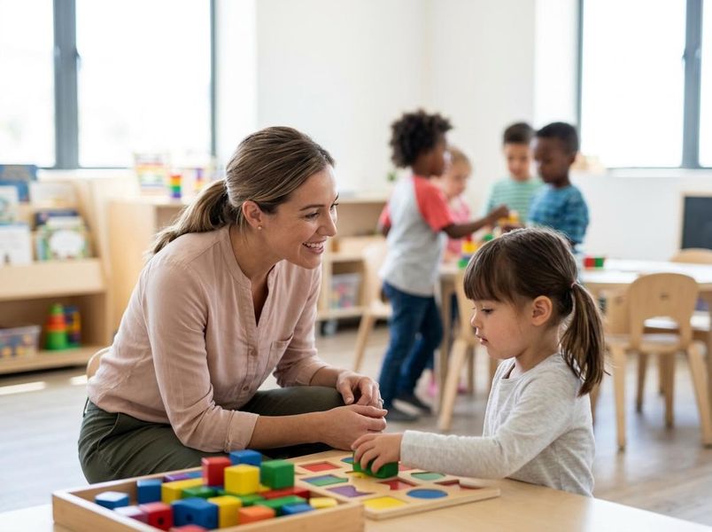 A smiling teacher helps a young girl with a colorful shape sorter puzzle in a bright classroom. Other children play in the background. Preschool Teacher and Student Playing with Shape Sorter