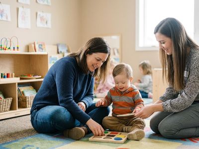 Teachers playing with a toddler with Down syndrome