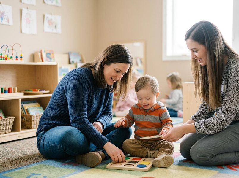 Two smiling teachers and a happy toddler with Down syndrome play with a colorful wooden shape puzzle on a patterned rug in a bright classroom. Teachers playing with a toddler with Down syndrome