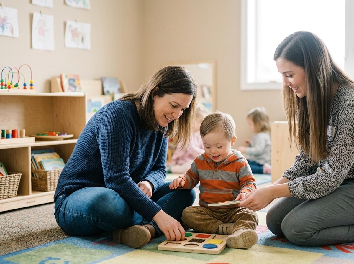 Teachers playing with a toddler with Down syndrome