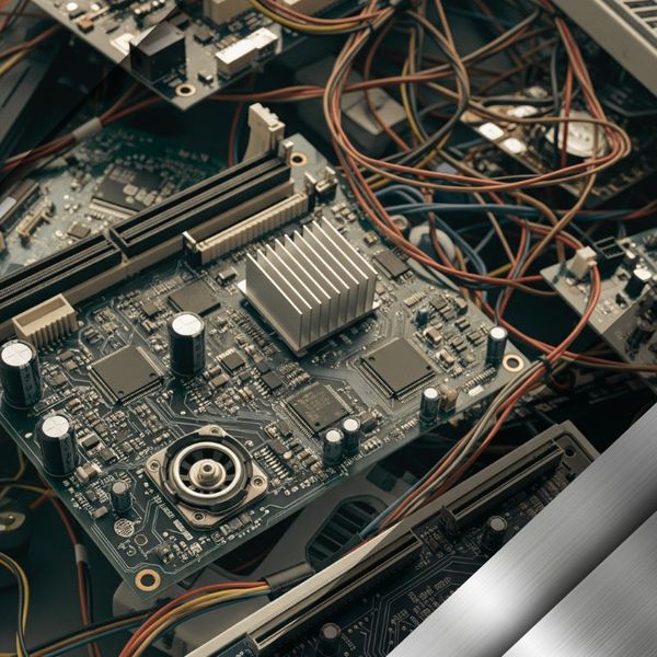 A close-up view of intricate circuit boards and computer components ready for e-waste recycling. Other Metals 2.jpg