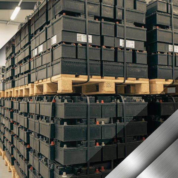 A neatly stacked pallet of lead-acid batteries at a recycling facility. Other Metals 1.jpg