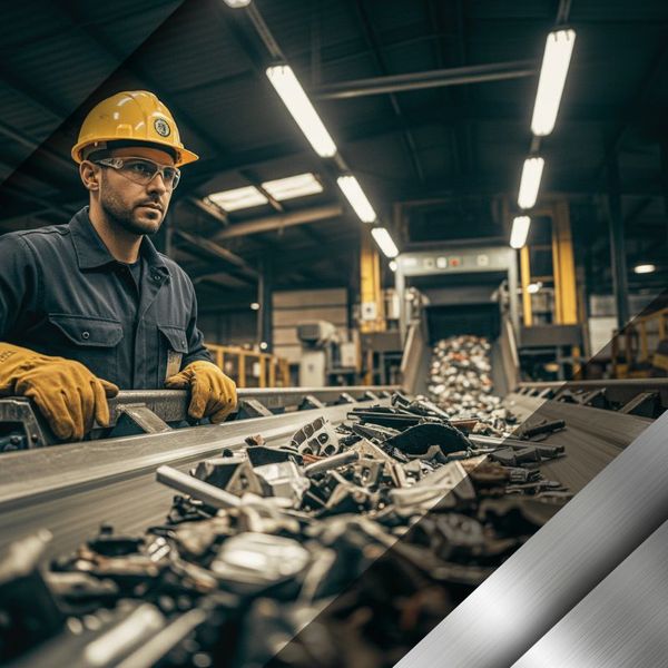 A recycling professional in safety gear carefully monitoring scrap metal on a conveyor belt. Steel and Iron Recycling 3.jpg
