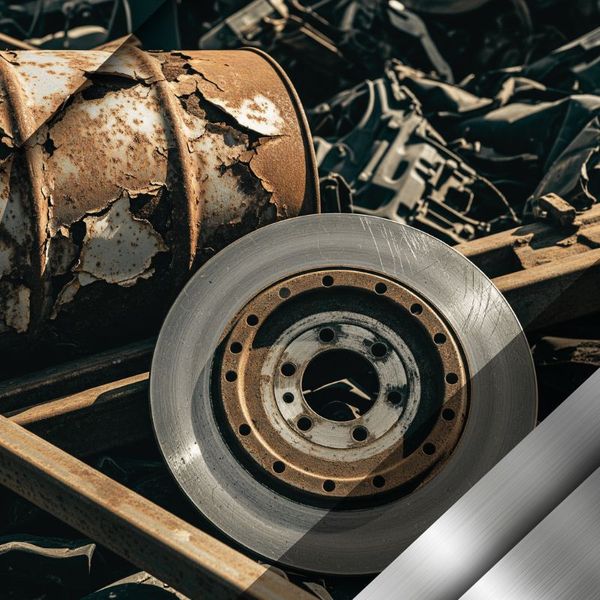A close-up of a steel drum and a brake rotor, common examples of recyclable ferrous metals. Steel and Iron Recycling 1.jpg