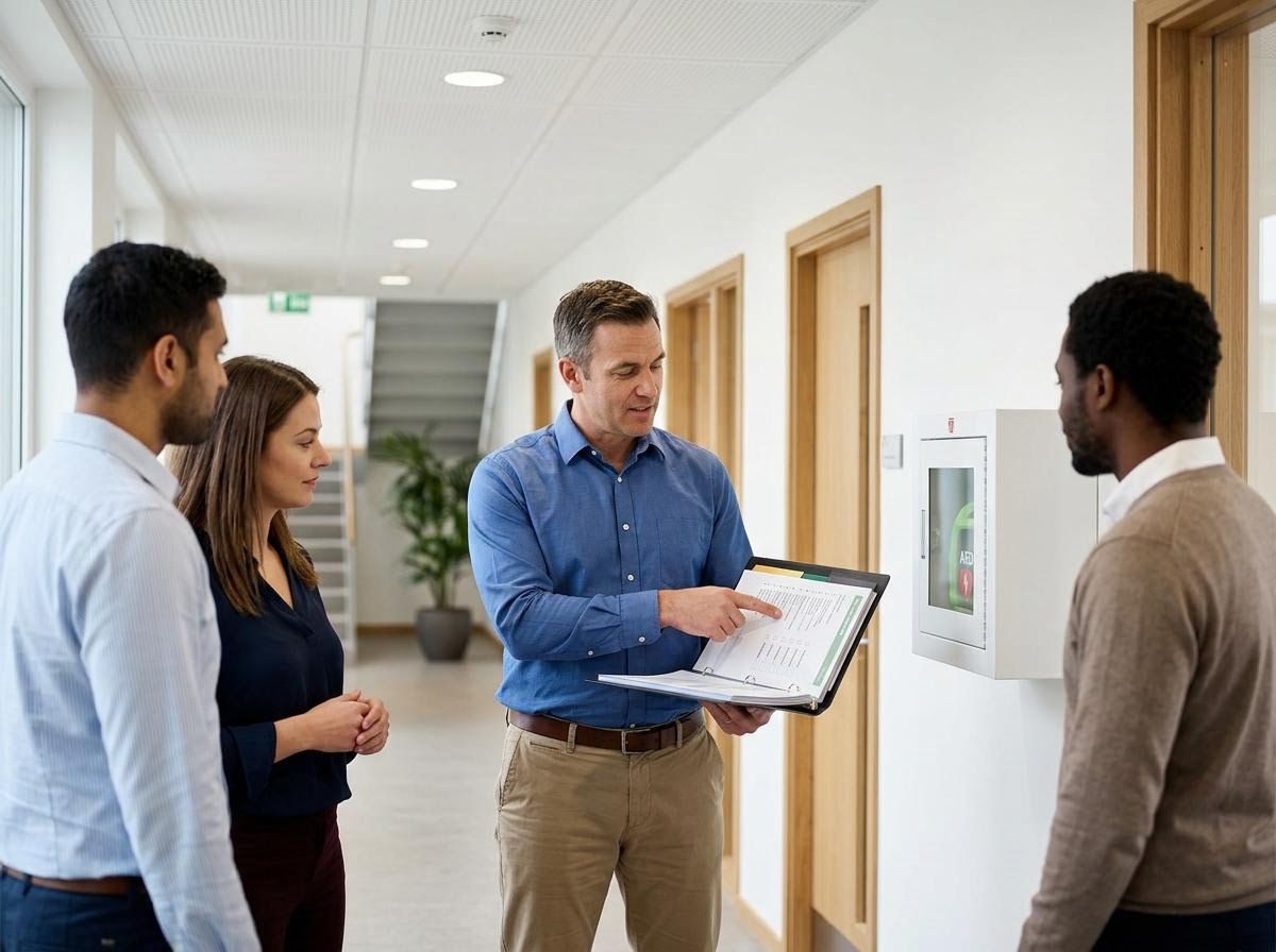 Workplace Safety Briefing in Office Hallway