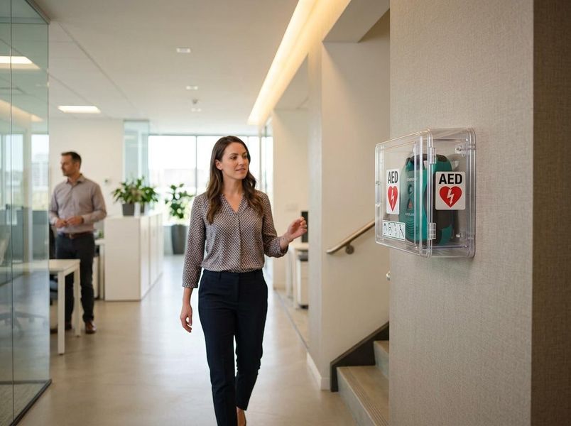 AED in Modern Office Hallway