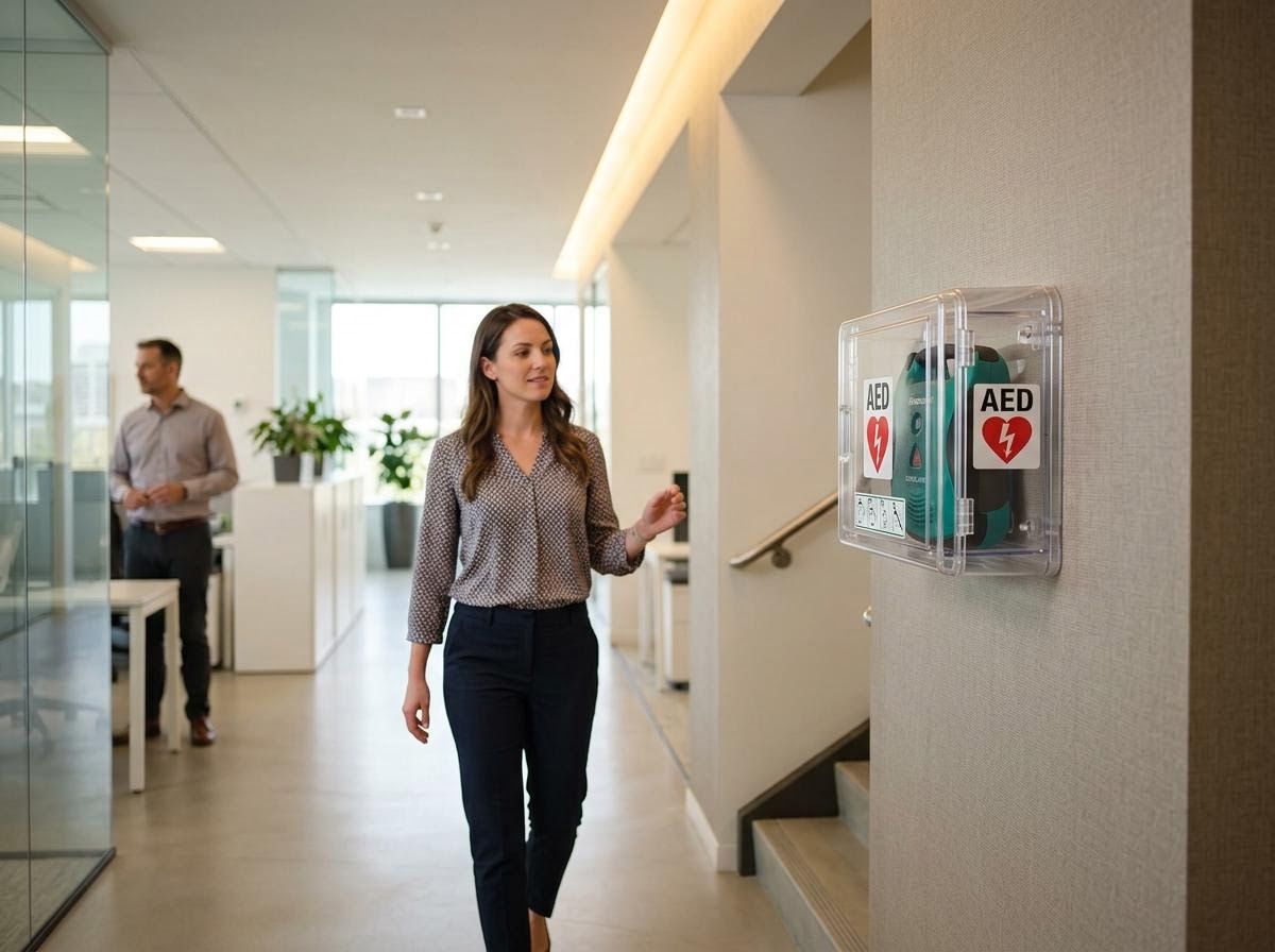 AED in Modern Office Hallway