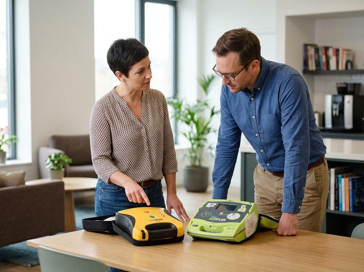 Two people examining AED devices