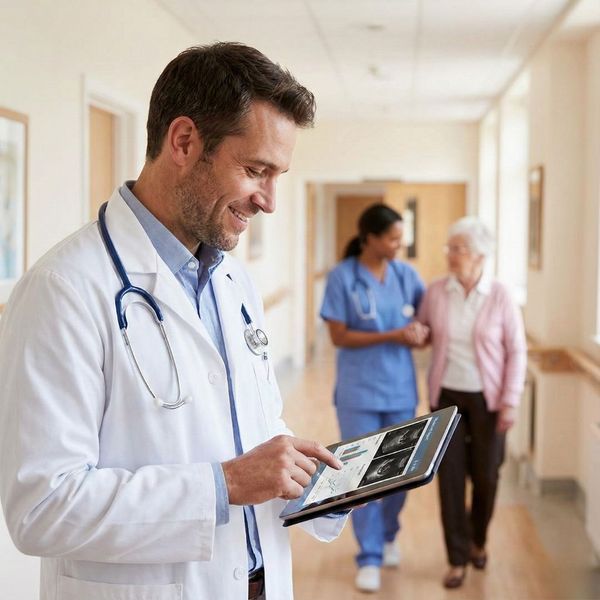 Physician reviewing digital ultrasound diagnostic reports on a tablet in a hallway, with a nurse assisting a senior patient in the background.