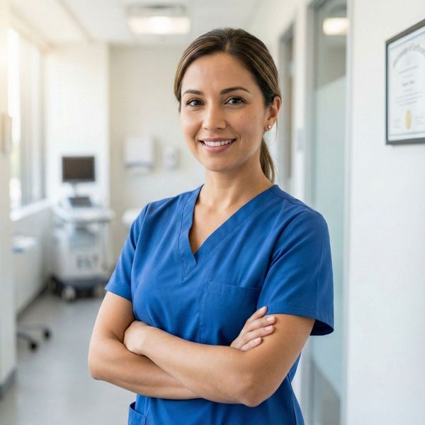 Professional female diagnostic medical sonographer in blue scrubs standing confidently in a bright medical facility.