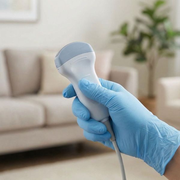 Close-up of a gloved hand holding a portable ultrasound transducer in a home setting, representing mobile sonography services.