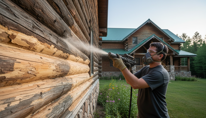 Man Sandblasting Log Cabin for Restoration