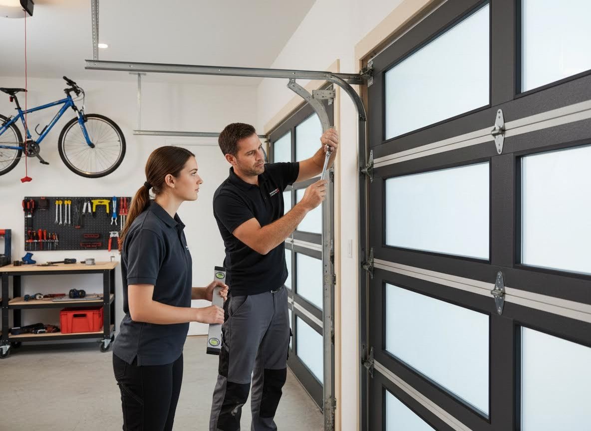 Garage Door Technicians Installing Modern Door