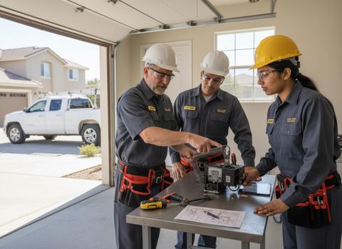 An experienced male technician points at a piece of machinery, explaining it to a male and female apprentice in a garage. Three technicians collaborating on equipment in a residential garage