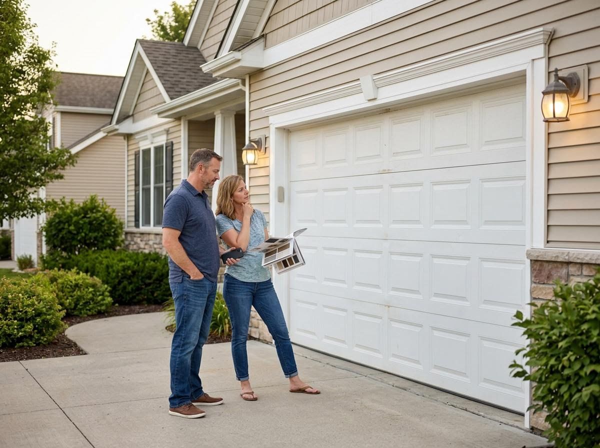 Couple reviewing garage door color samples