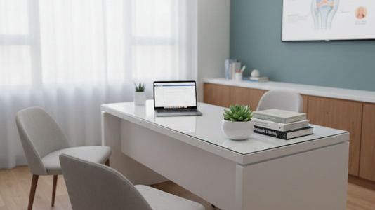A clean and professional consultation room at a rheumatology practice with a focus on a clinical desk and medical information. A clean and professional consultation room at a rheumatology practice with a focus on a clinical desk and medical information.