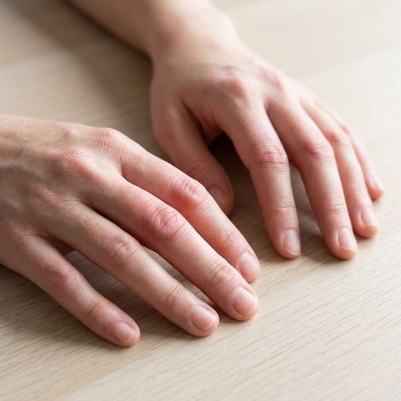 Close up of hands with slightly swollen finger joints.