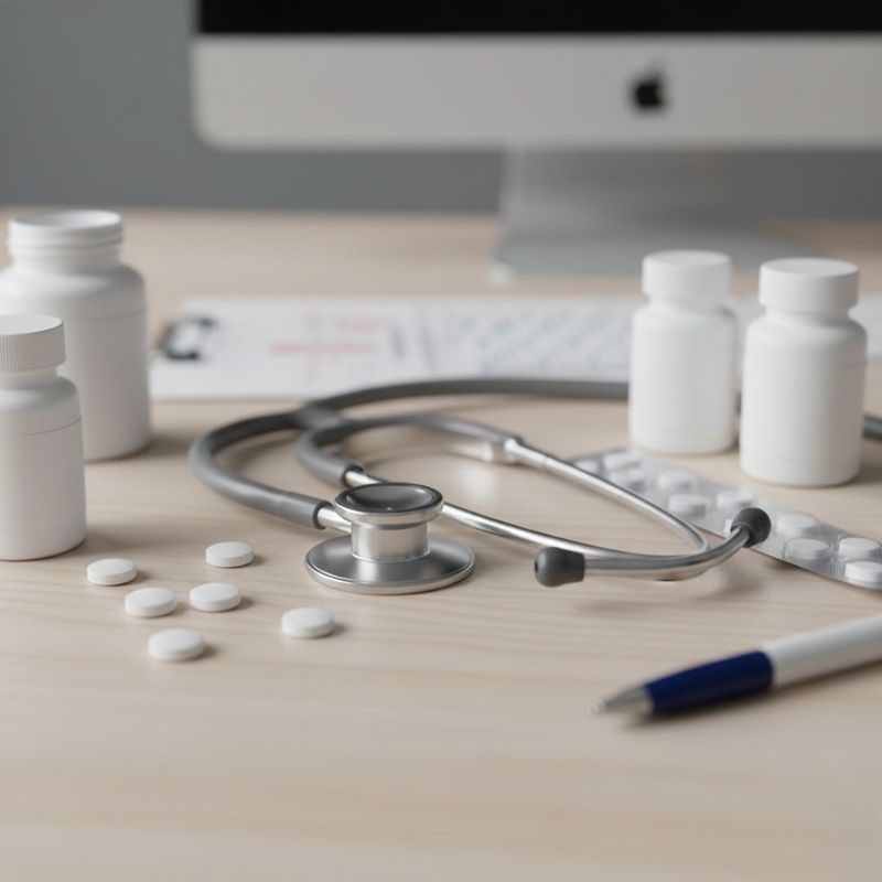 Close-up of medical supplies and a stethoscope representing medication management for gout.