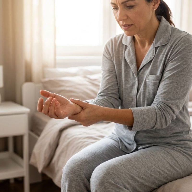 Woman holding a stiff wrist while getting out of bed.